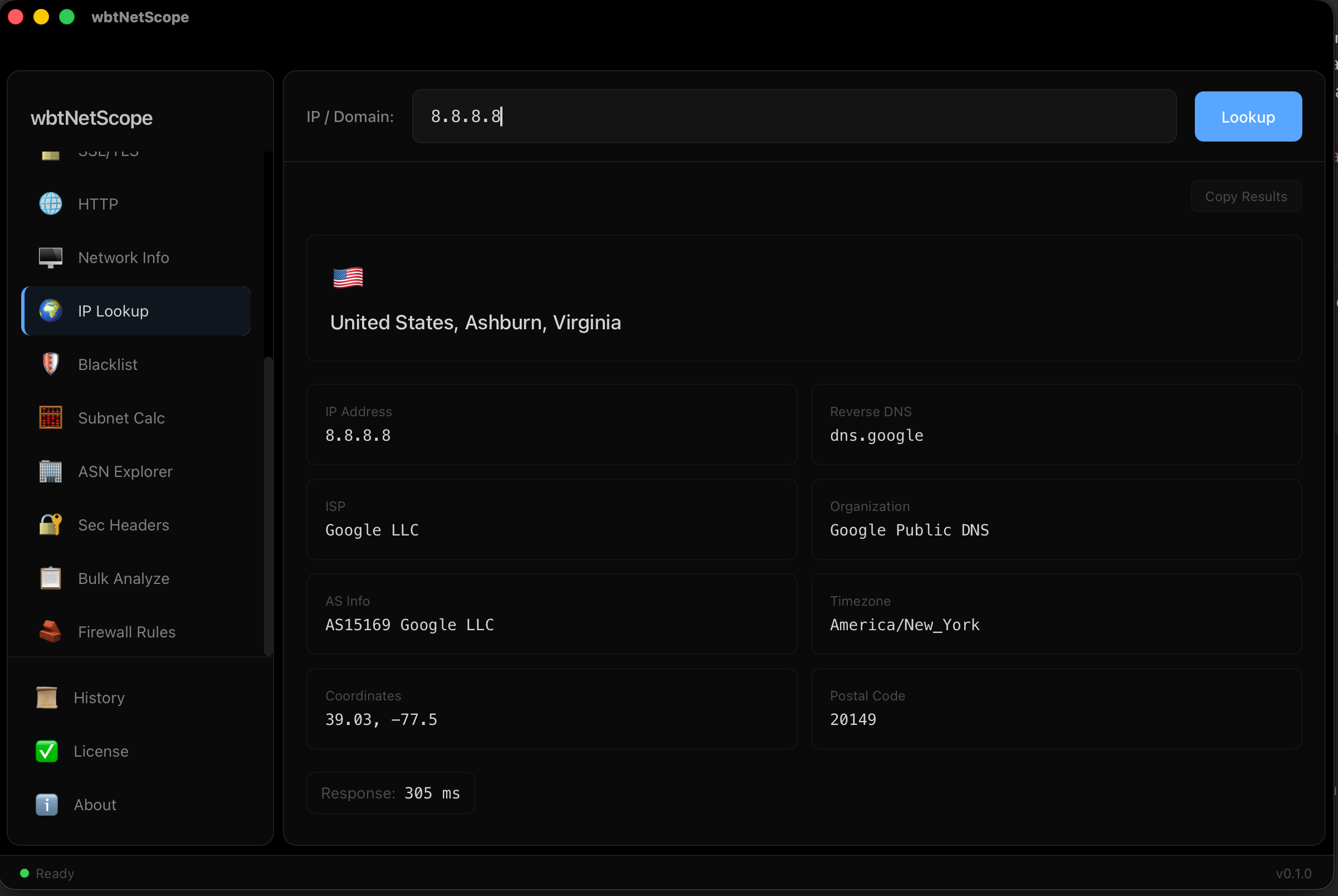 wbtNetScope — IP Lookup with geolocation