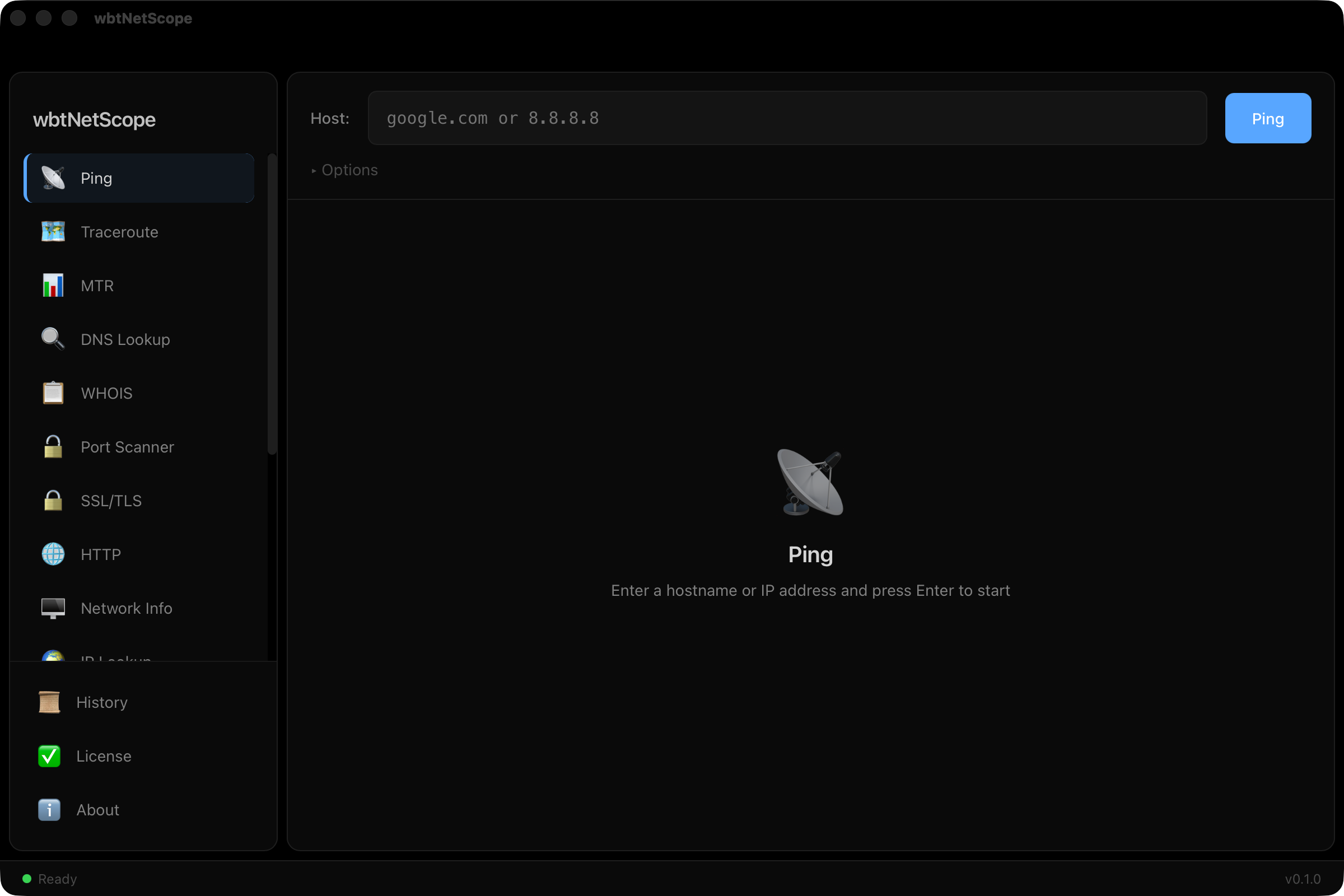 wbtNetScope — sidebar with 16 tools