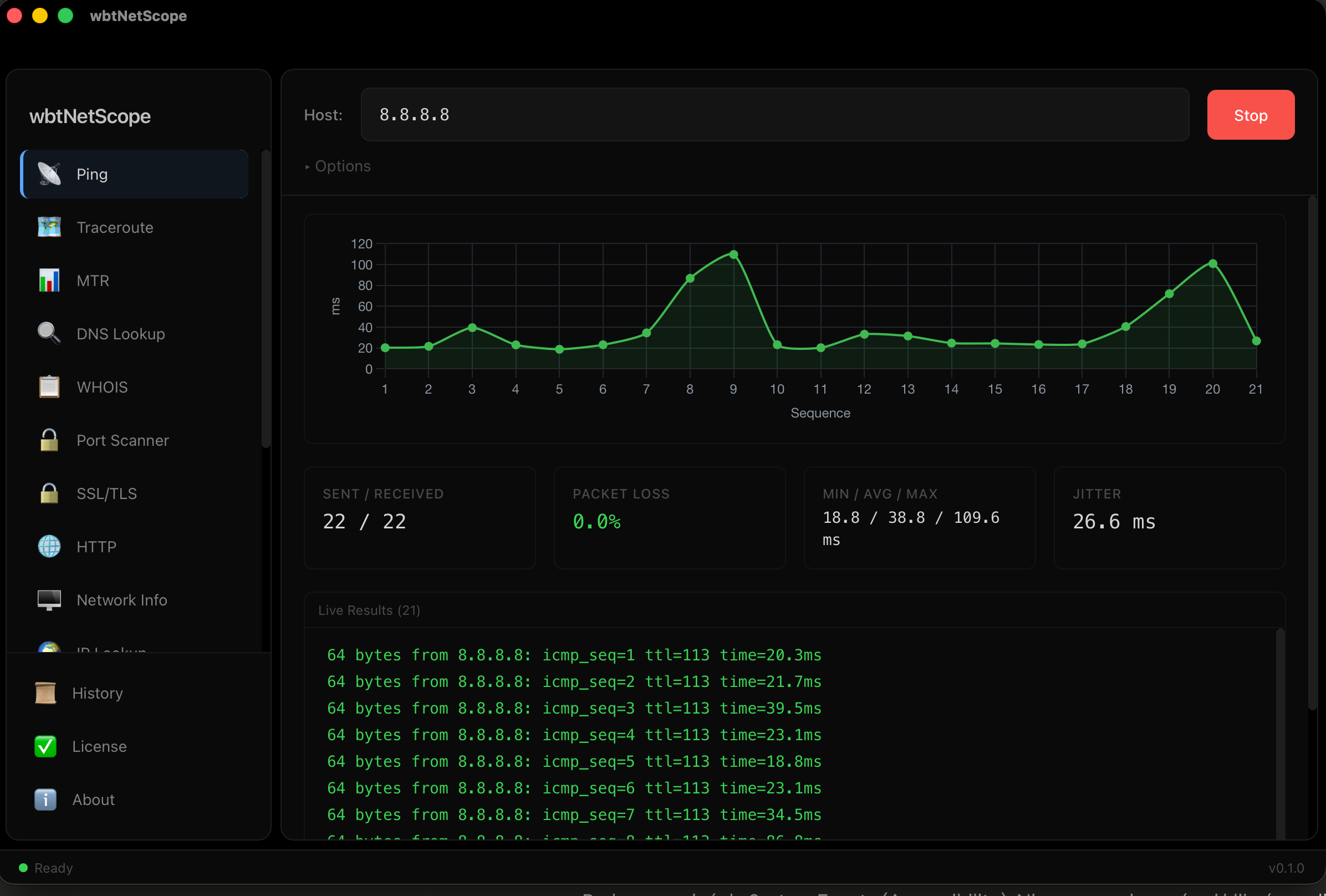 wbtNetScope — Ping with live RTT chart